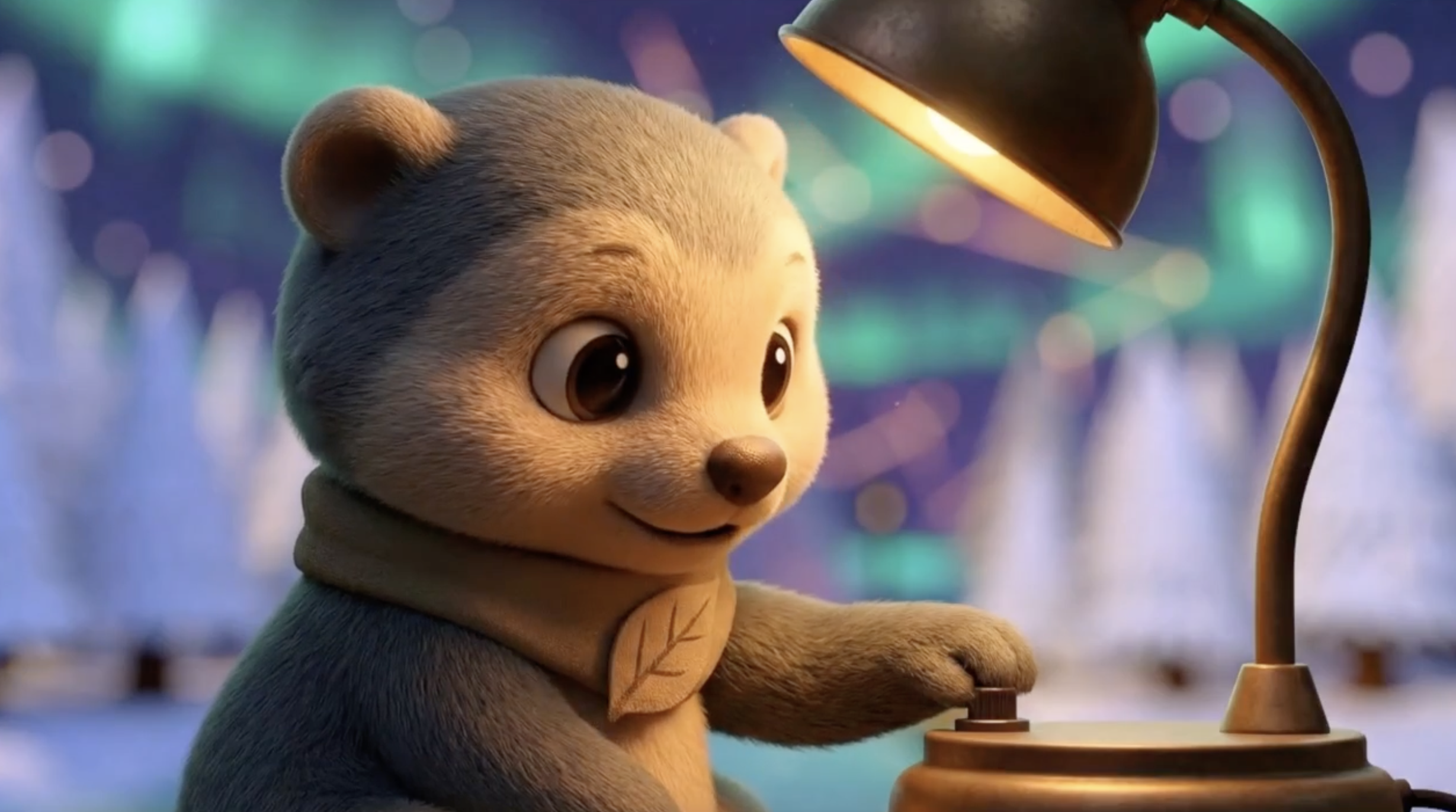 A small animal at a desk turns the knob of a warm task lamp with one paw against a softly blurred blue-green snowy background.